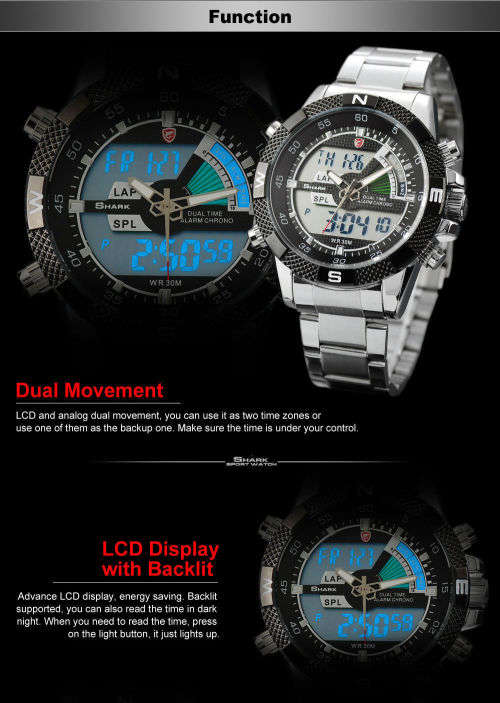 GENUINE SHARK Stylish Mens Black Dial LCD Digital Date Day Alarm Steel Wrist Sport Watch