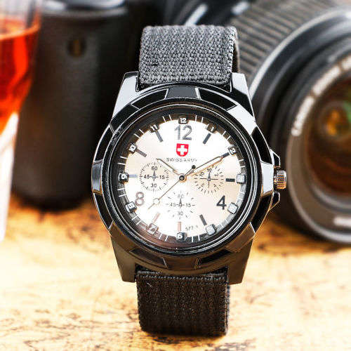 SWISS Round Dial Nylon Strap Band Men Boy Military Army Quartz Wrist Watch