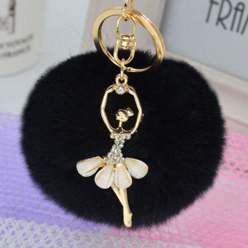 Soft Ball PomPom Charm Keychain Handbag Key Ring - Black