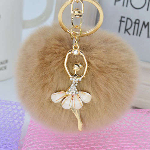 Soft Ball PomPom Charm Keychain Handbag Key Ring - Coffee