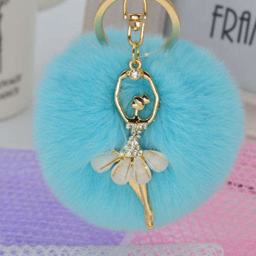 Soft Ball PomPom Charm Keychain Handbag Key Ring - Sky Blue