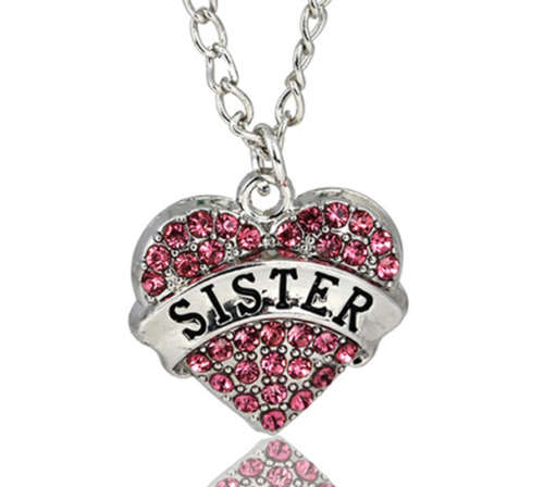 Colorful Crystal Love Heart Pendant Rhinestone Necklace - Pink Sister