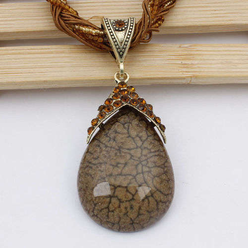 Retro Party Necklace Multi-layer Rope Turquoise Oval Pendant - Brown