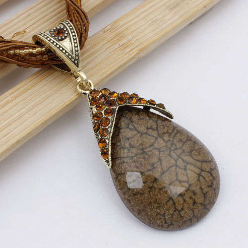 Retro Party Necklace Multi-layer Rope Turquoise Oval Pendant - Brown