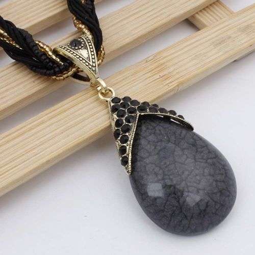 Retro Party Necklace Multi-layer Rope Turquoise Oval Pendant - Black
