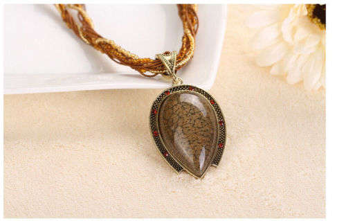 Retro Party Necklace Multi-layer Rope Turquoise Oval Pendant - Brown