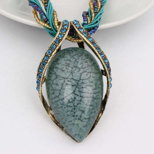 Retro Party Necklace Multi-layer Rope Turquoise Oval Pendant H95098