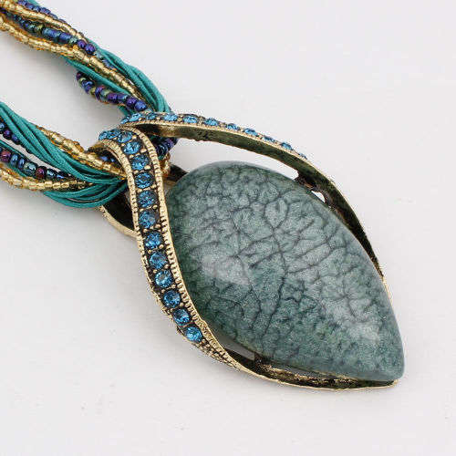 Retro Party Necklace Multi-layer Rope Turquoise Oval Pendant H95098