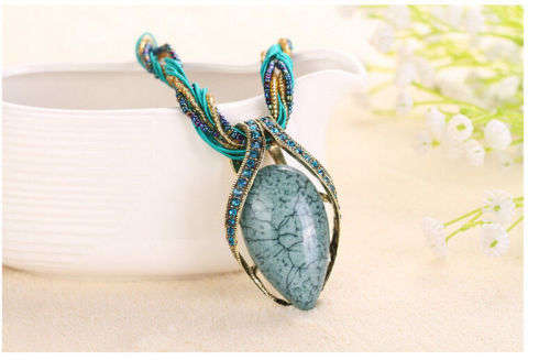 Retro Party Necklace Multi-layer Rope Turquoise Oval Pendant H95098