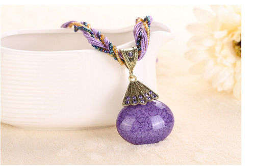 Retro Party Necklace Multi-layer Rope Turquoise Oval Pendant H95826