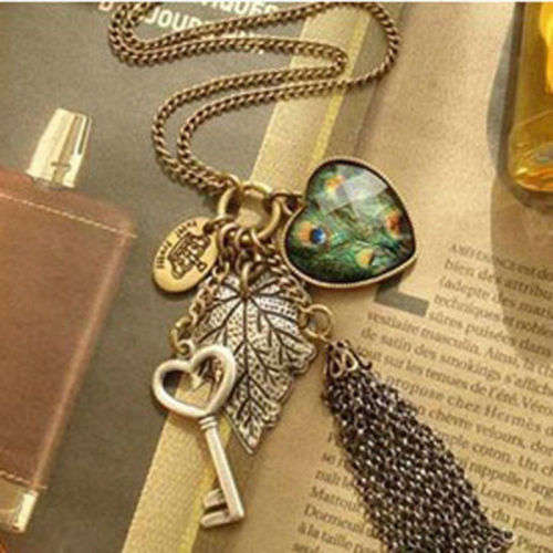 Vintage Heart Key Peacock Leaf Tassel Long Chain