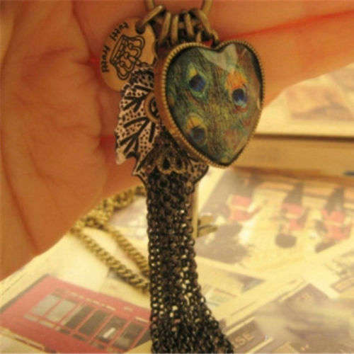 Vintage Heart Key Peacock Leaf Tassel Long Chain