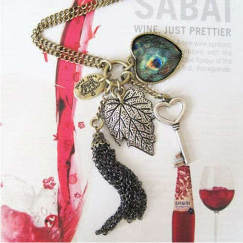 Vintage Heart Key Peacock Leaf Tassel Long Chain