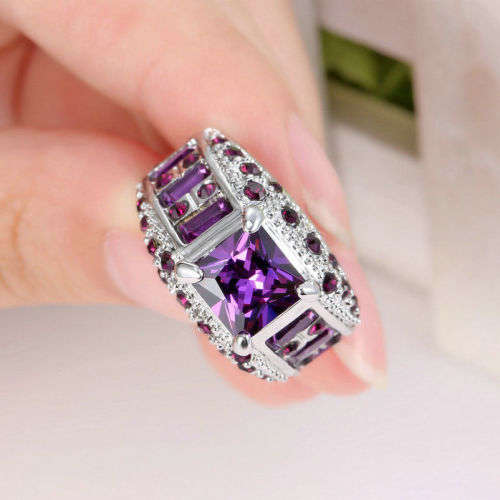 Purple Amethyst 10Kt White Gold Filled Engagement Ring Size 8