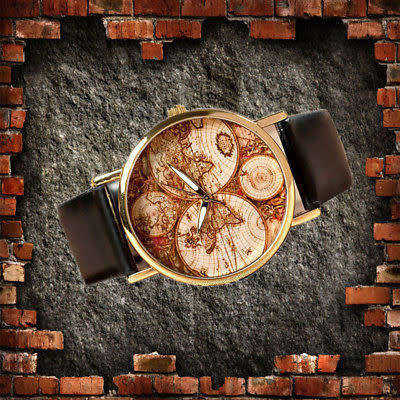 World Map Leather Analog Quartz Wrist Watch Vintage Watche