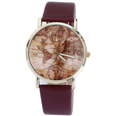 World Map Leather Analog Quartz Wrist Watch Vintage Watche