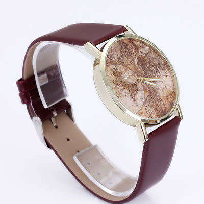 World Map Leather Analog Quartz Wrist Watch Vintage Watche
