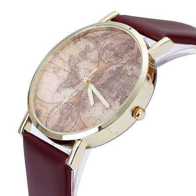 World Map Leather Analog Quartz Wrist Watch Vintage Watche