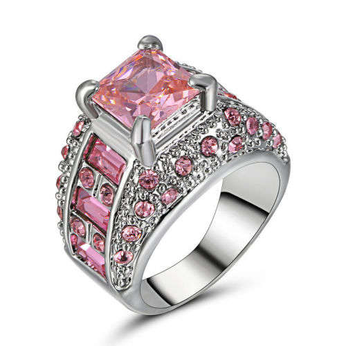 Size7 Princess Pink Sapphire Wedding Ring Women's 10KT White Gold Filled