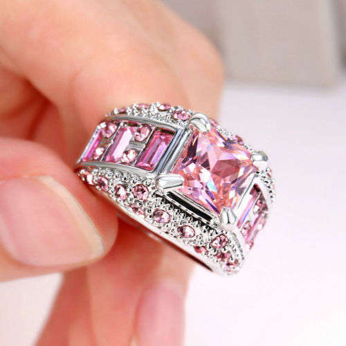 Size7 Princess Pink Sapphire Wedding Ring Women's 10KT White Gold Filled