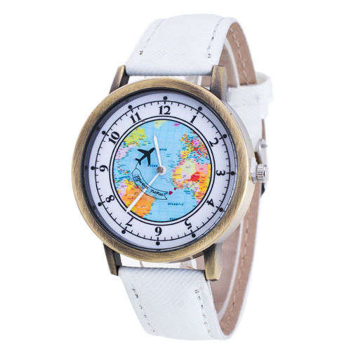 Travel By Plane Map Women Dress Watch - White