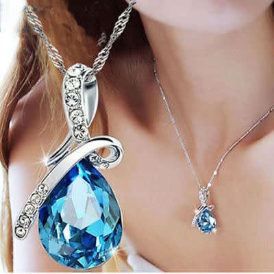 Water Drop Silver Chain Crystal Necklace - BLUE