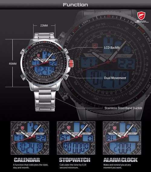 SHARK New Men Quartz Date Sport Watch Black Red Stopwatch Stainless Steel