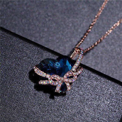 Heart Bow tie Pendant Necklace - Dark Blue
