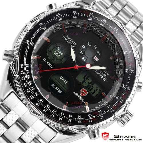 Genuine SHARK Men's LCD Black White Stopwatch Stainless Steel Watch  Ref10
