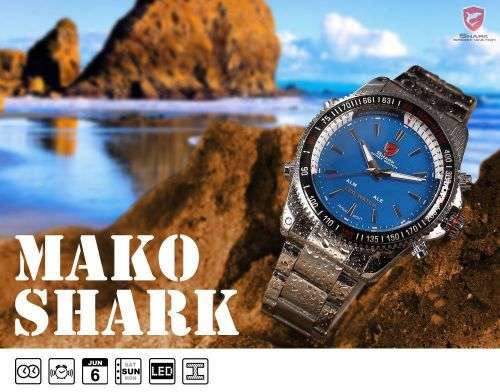 Genuine SHARK Black Dial LED Alarm Digital Display Stainless Steel Watch Ref35