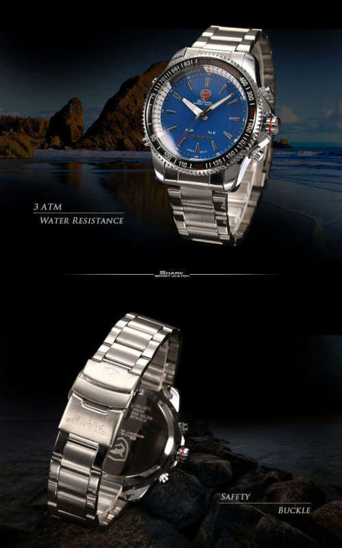 Genuine SHARK Black Dial LED Alarm Digital Display Stainless Steel Watch Ref35