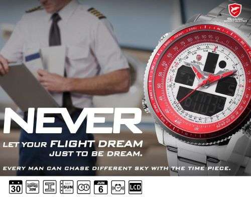 SHARK Men's Sport Wrist Watch LCD Date Stopwatch Stainless Steel Quartz Red Ref45