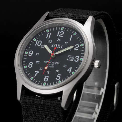 SOKI Military Army Watch Men Sport Canvas Band Analog Quartz Wrist Watch - Black