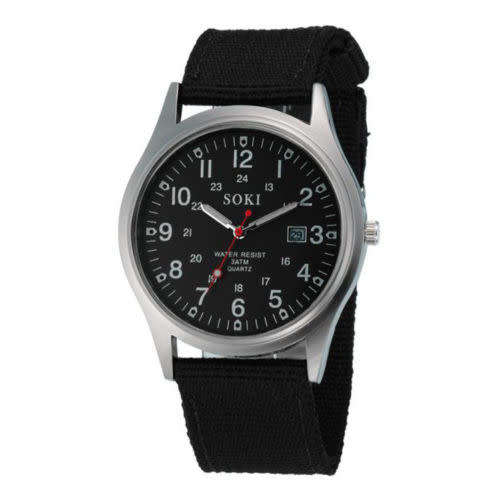 SOKI Military Army Watch Men Sport Canvas Band Analog Quartz Wrist Watch - Black