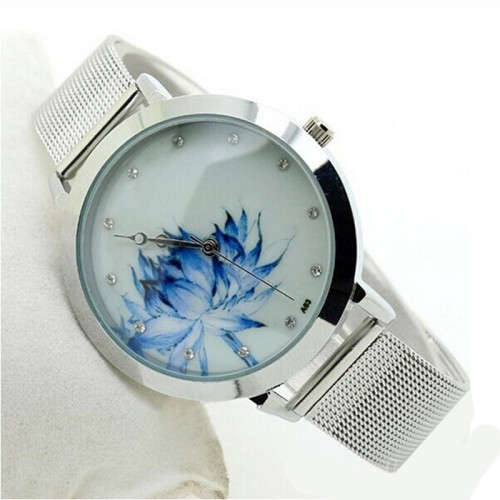 Women Fashion Blue Lotus Stainless Steel Mesh Quartz Wrist Watch