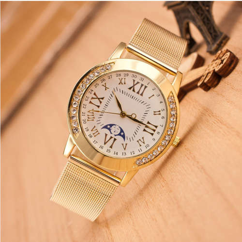 Womens Classic Gold Roman Numerals Quartz Stainless Steel Wrist Watch
