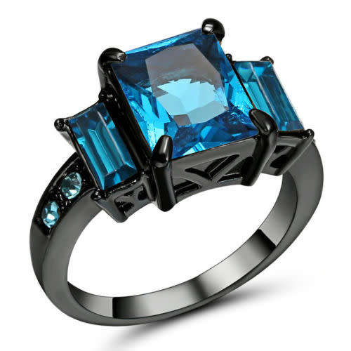 Gorgeous Blue Aquamarine Ring 10KT Black Gold Filled Women's Size 7