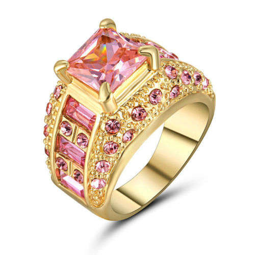 Pink Sapphire Big Stone Ring 10KT Yellow Gold Filled Size 6