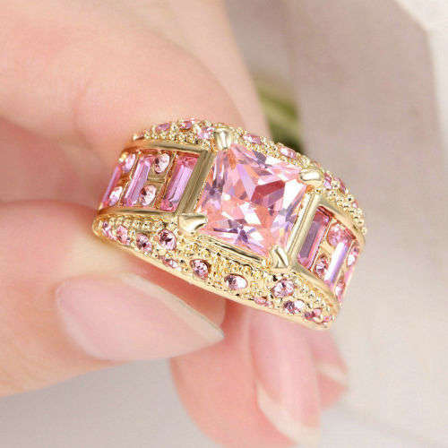 Pink Sapphire Big Stone Ring 10KT Yellow Gold Filled Size 6