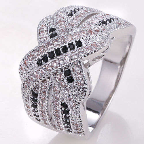 925 Silver Filled 0.67CT Black&Clear Infinity  Engagement Ring Size 6