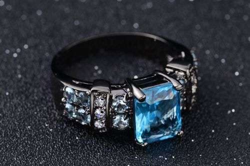 Aquamarine Black 18K Gold Filled Wedding Rings Size 8