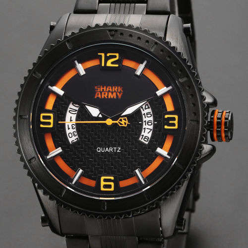 SHARK ARMY Fashion Men's Date Black Steel Quartz Wrist Military Sport Watch+Box Ref59