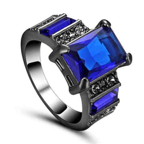 Blue Sapphire 10K Black Gold Filled Halo Ring Gift Size 6