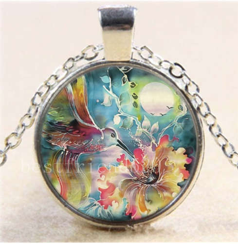 Hummingbird Whit Flower Cabochon Glass Tibet Silver Chain