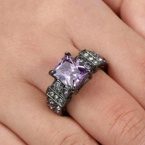 Purple Amethyst Wedding Ring Black Rhodium Plated Size 8