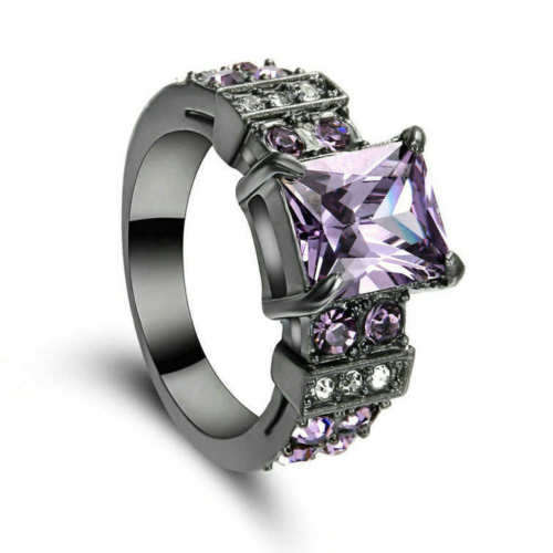 Purple Amethyst Wedding Ring Black Rhodium Plated Size 8