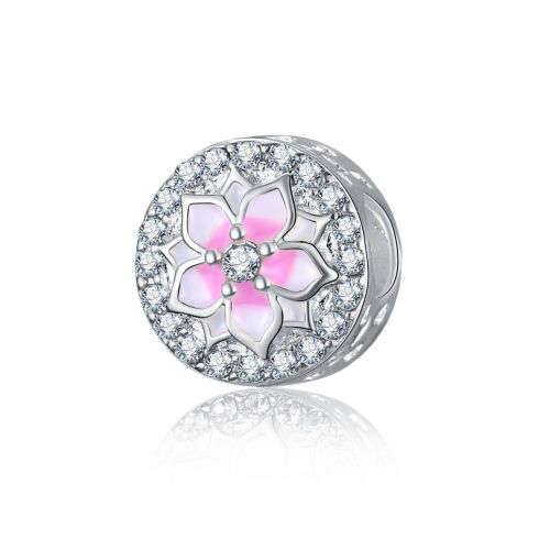 Floral Magnolia Enamel Pink Bead Suit Charms Bracelet