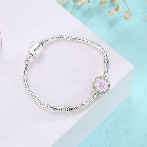 Floral Magnolia Enamel Pink Bead Suit Charms Bracelet