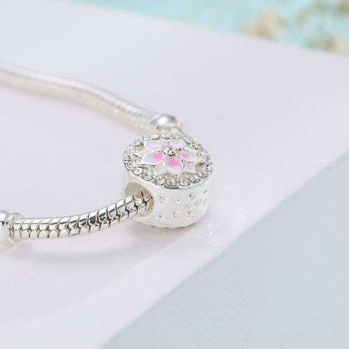 Floral Magnolia Enamel Pink Bead Suit Charms Bracelet