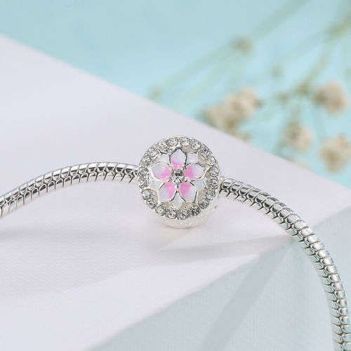 Floral Magnolia Enamel Pink Bead Suit Charms Bracelet